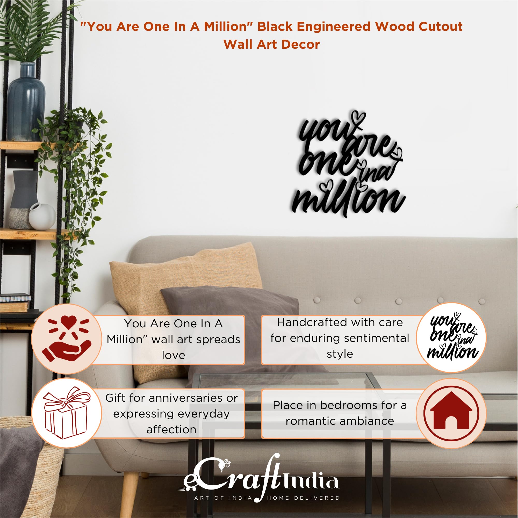 eCraftIndia You are One in A Million Black Engineered Wood Cutout Wall Art Decor- Wall Decoration Item- Wooden Wall Decor Item-